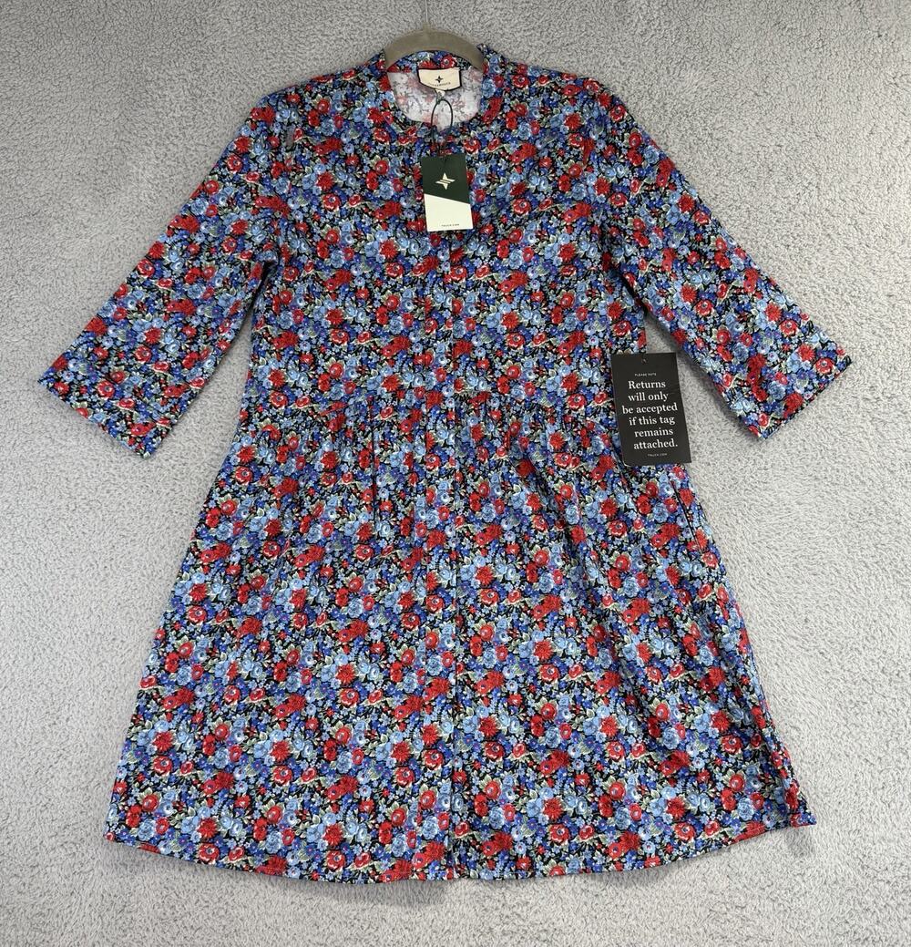 Tuckernuck Red Blue Floral Cotton Mini Royal Shirt Dress Size XS New
